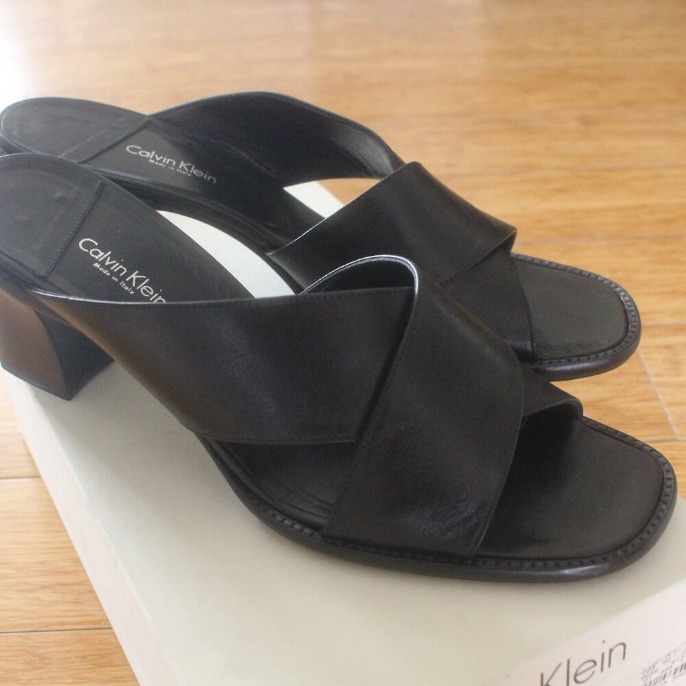 Vintage 1990s Calvin Klein Black Thick Strappy Leather Heels Size 10 - Picture 3 of 3